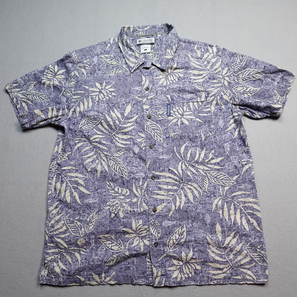 Columbia Button Down Shirt Mens Large Purple Tropical Leaf Fish Casual Outdoors